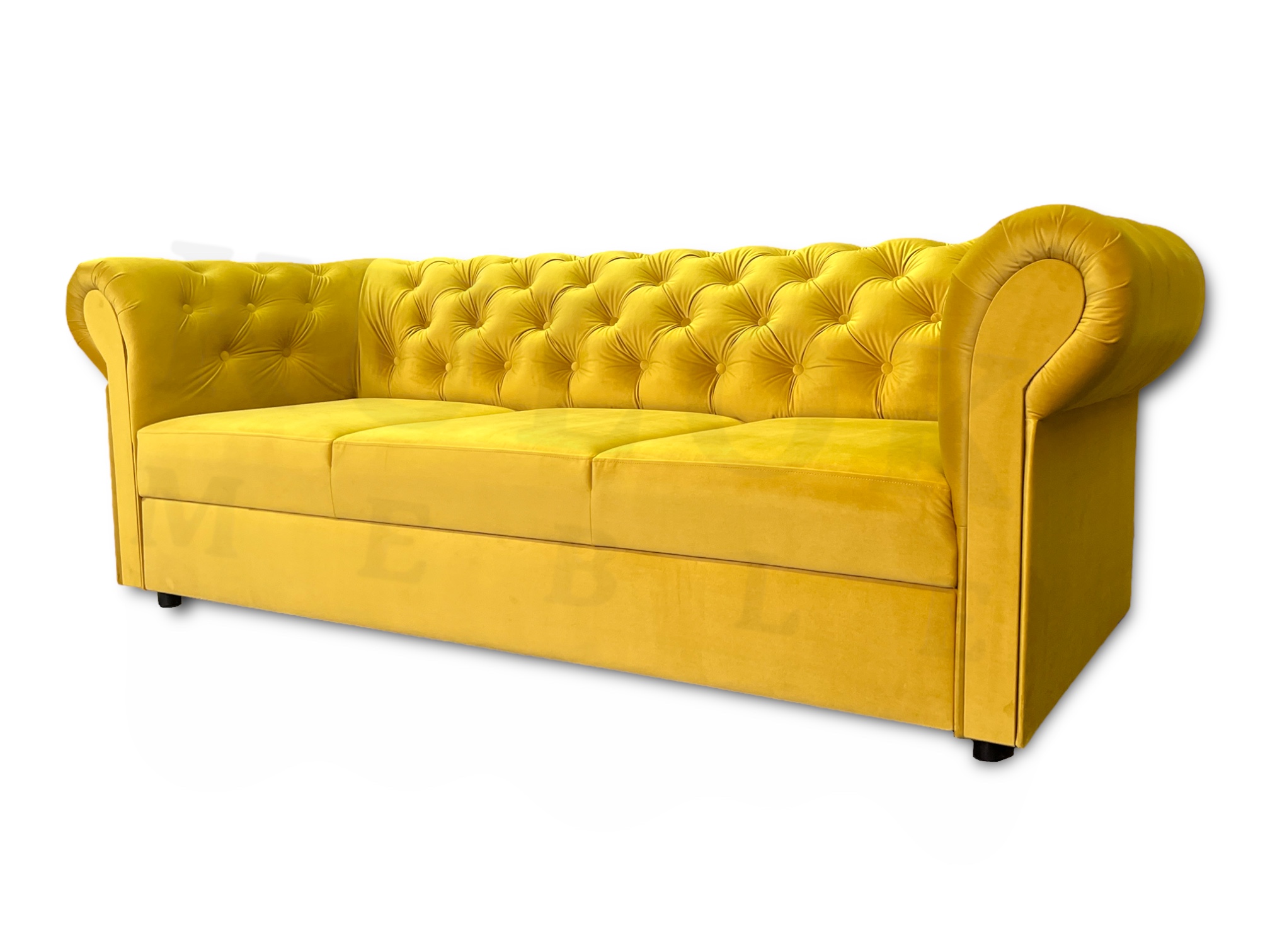 Żółta sofa z funkcja spania rozkładana pikowana chesterfield tapicerowana producent polska